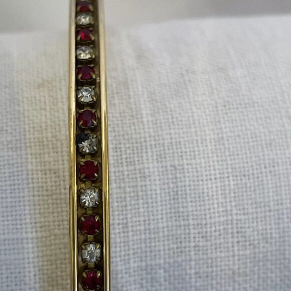 Gold Tone Solid Cylinder Bangle Bracelet Embellished With Red and Clear Crystal - Picture 6 of 6